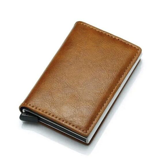Wallet Leather RFID Blocking Slim Pop Up Card Case Minimalist New In Box Brown - Picture 1 of 9